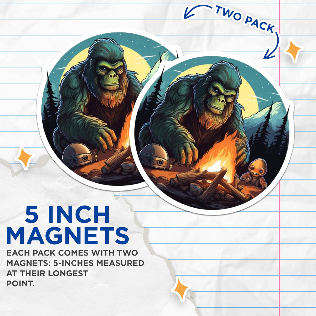 (2 Pack) Bigfoot Campfire Magnets - Sasquatch Alien Friends - Cryptid Wilderness Adventure Sci Fi Scene Fridge Decor - 5 Inches On Longest Side - Thick Durable Magnet - Made in USA - MAG21579