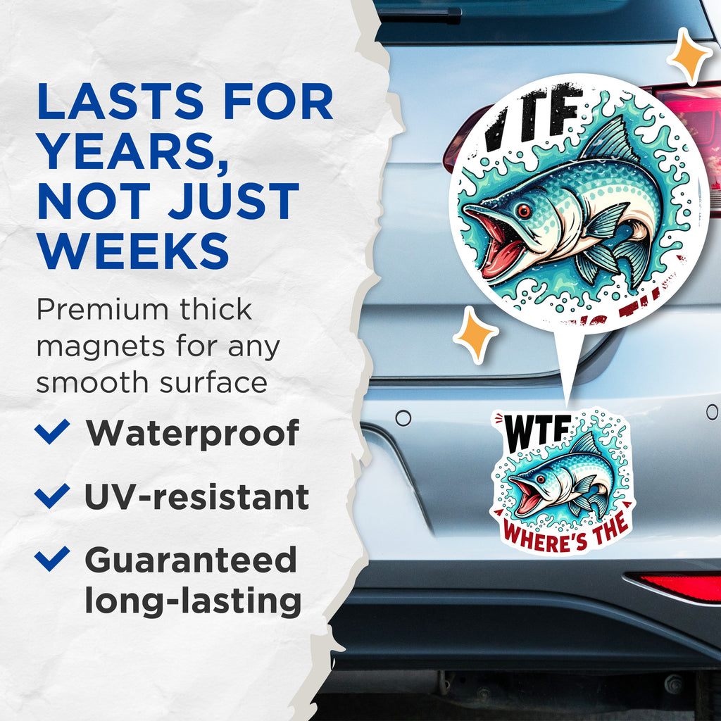 (2 Pack) WTF Where's The Fish Magnets - Funny Fishing Humor - Angler Refrigerator Locker Decor - 5 Inches On Longest Side - Thick Durable Magnet - Made in USA - MAG37039