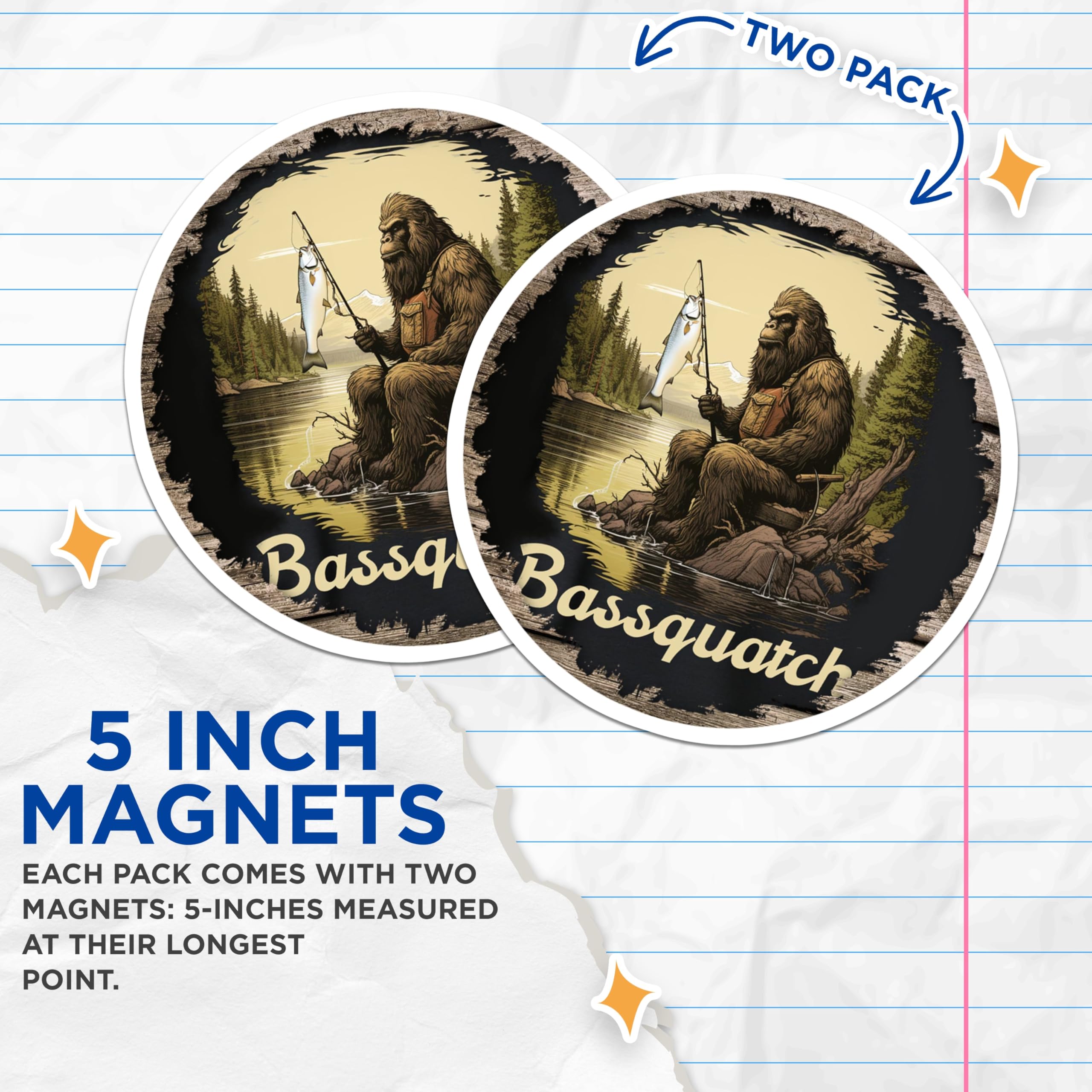 (2 Pack) Bassquatch Fishing Magnets - Bigfoot Humor - Outdoorsman Fridge Fun - 5 Inches On Longest Side - Thick Durable Magnet - Made in USA - MAG28436