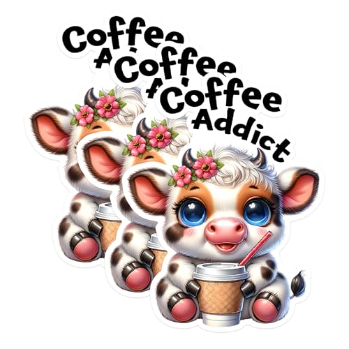 (3 Pack) Coffee Addict Cow Decals - Cute Animal Stickers - Laptop Decals - 3 Inches On Longest Side - Easy Peel & Apply - Made in USA - 3MCS1718