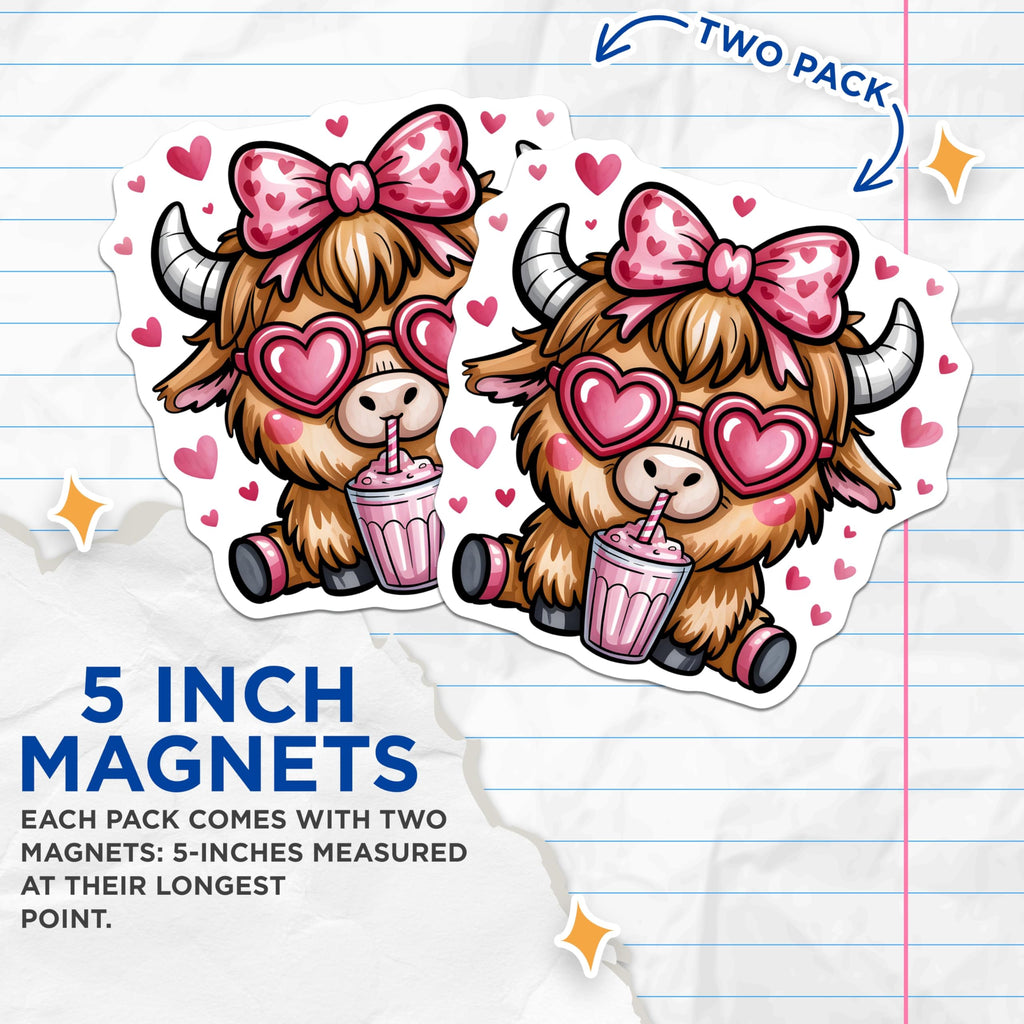 (2 Pack) Highland Cow Magnets - Cute Valentine Decor - Heart Glasses Cow Theme - 5" On Longest Side - Premium Magnet - for Cars, Refrigerators, Toolboxes, Lockers - Made in USA - MAG15848