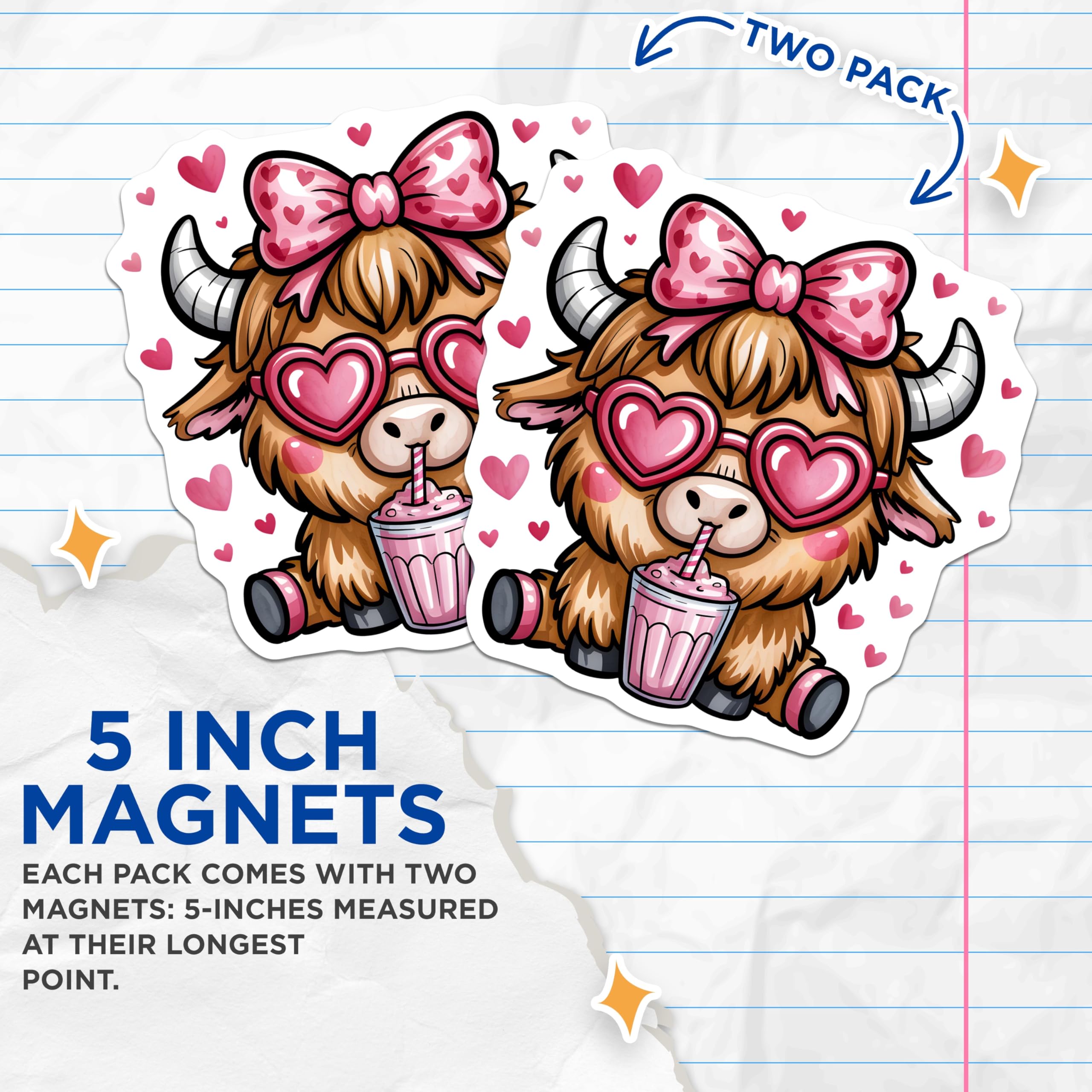 (2 Pack) Highland Cow Magnets - Cute Valentine Decor - Heart Glasses Cow Theme - 5" On Longest Side - Premium Magnet - for Cars, Refrigerators, Toolboxes, Lockers - Made in USA - MAG15848