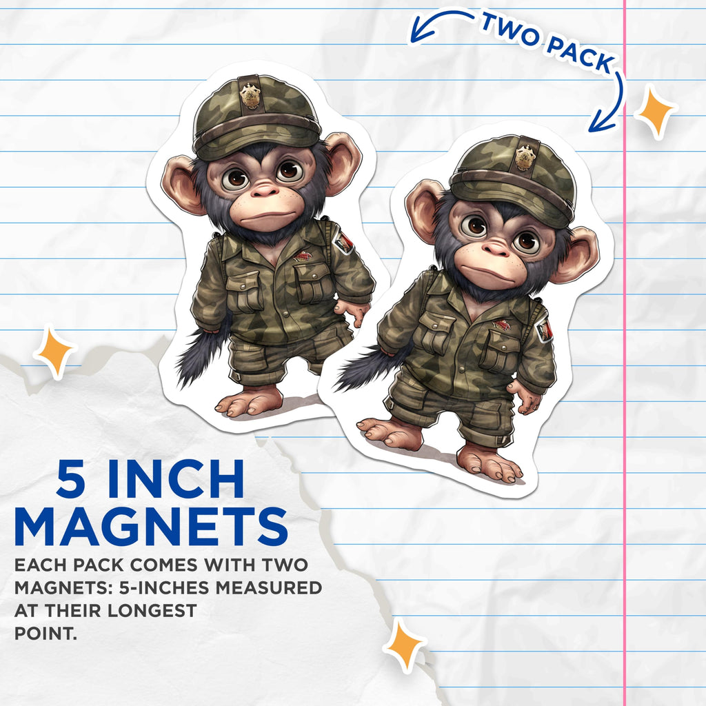 (2 Pack) Military Monkey Magnets - Camo Ape Decor - Soldier Animal Artwork for Fridge - 5" On Longest Side - Premium Magnet - for Cars, Refrigerators, Toolboxes, Lockers - Made in USA - MAG17098