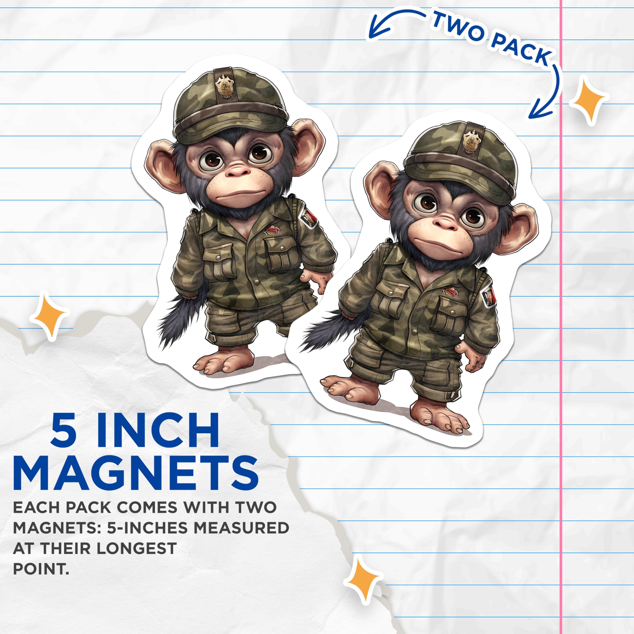 (2 Pack) Military Monkey Magnets - Camo Ape Decor - Soldier Animal Artwork for Fridge - 5" On Longest Side - Premium Magnet - for Cars, Refrigerators, Toolboxes, Lockers - Made in USA - MAG17098