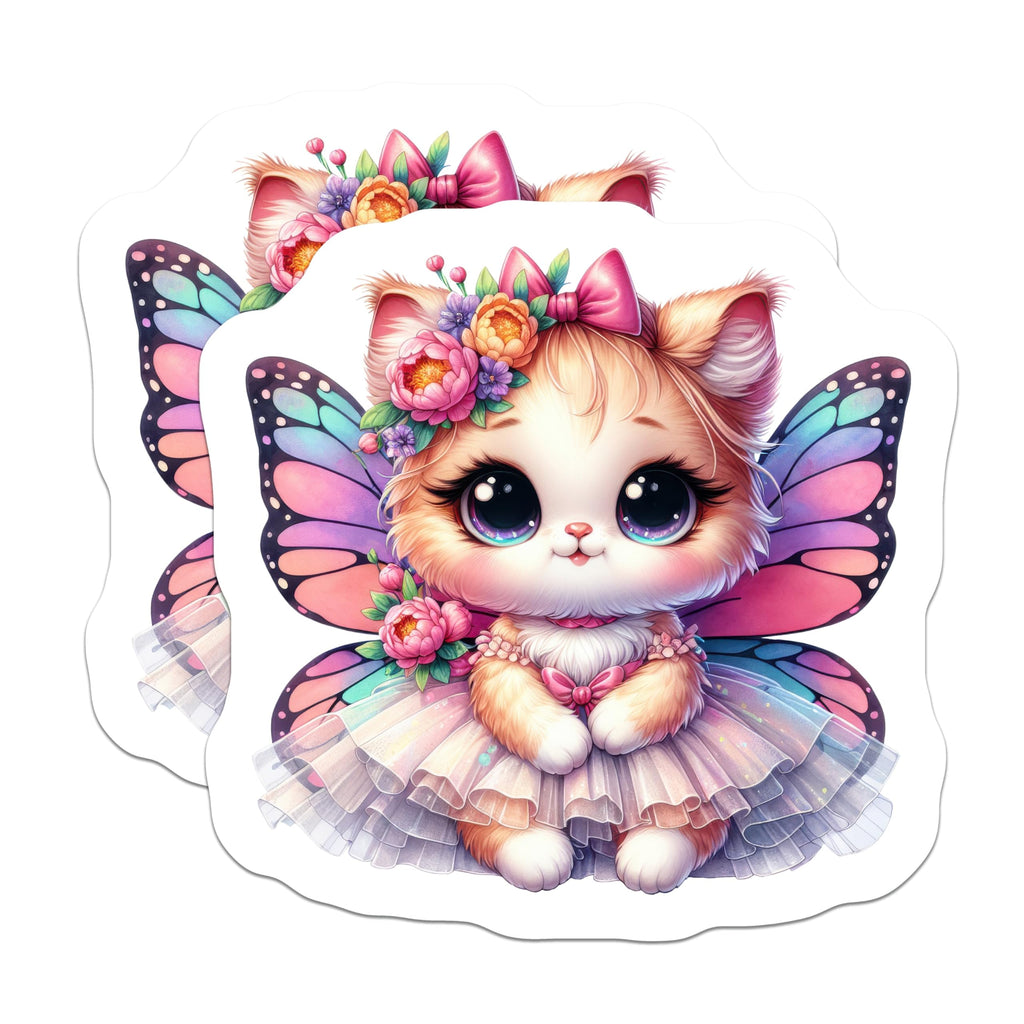 (2 Pack) Chibi Fairy Cat Stickers - Kawaii Butterfly Kitten - Whimsical Fantasy Decor - 5" On Longest Side - Sticks to Smooth Flat Surfaces - Made in USA - BMCS20363