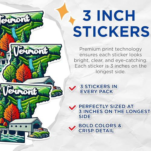 (3 Pack) Vermont Decals - Travel Souvenir - Covered Bridge Art - 3 Inches On Longest Side - Easy Peel & Apply - Made in USA - 3MCS0165