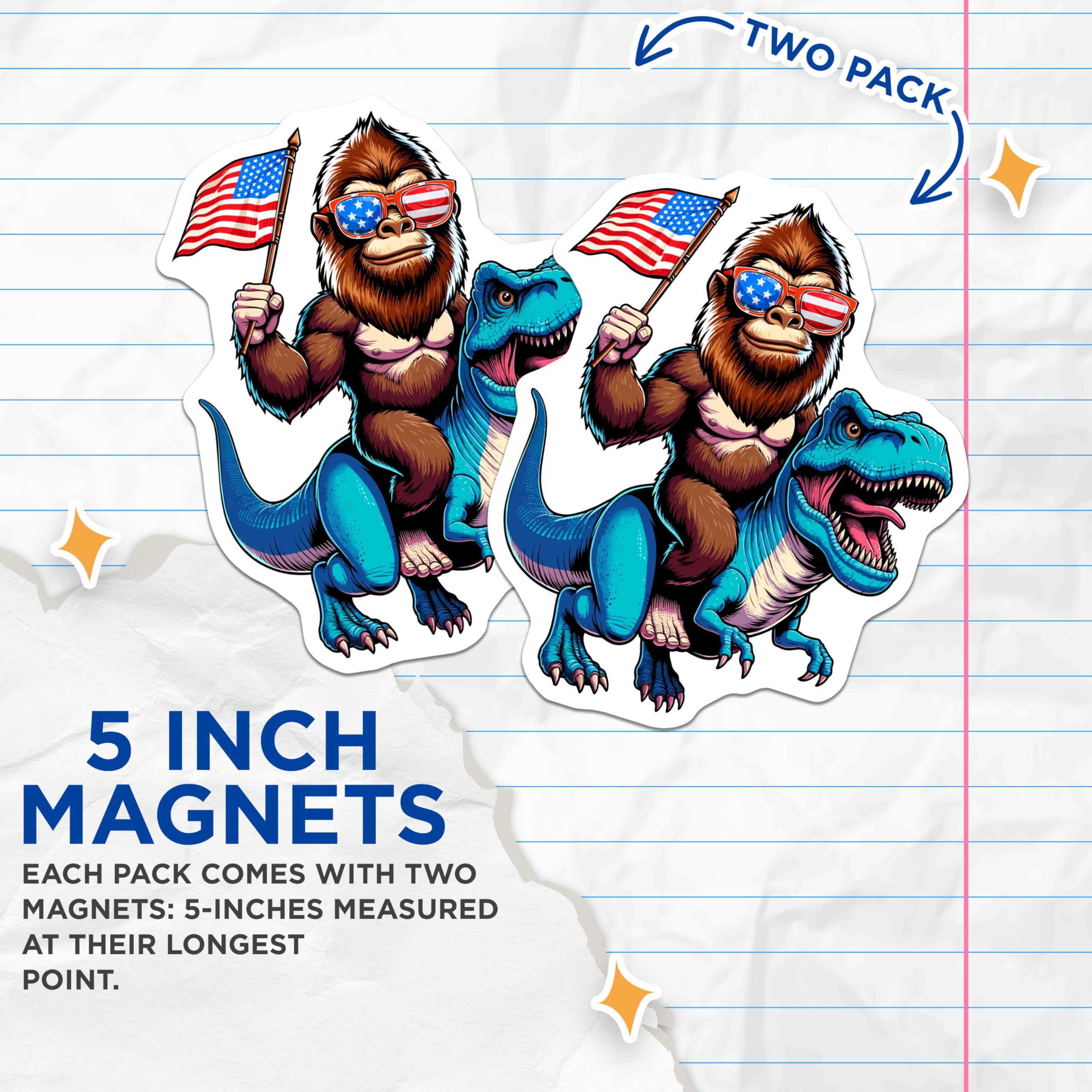 (2 Pack) Bigfoot T Rex Magnets - Patriotic American Sasquatch - Funny Dinosaur Cryptid Fridge Magnets - 5 Inches On Longest Side - Thick Durable Magnet - Made in USA - MAG21330