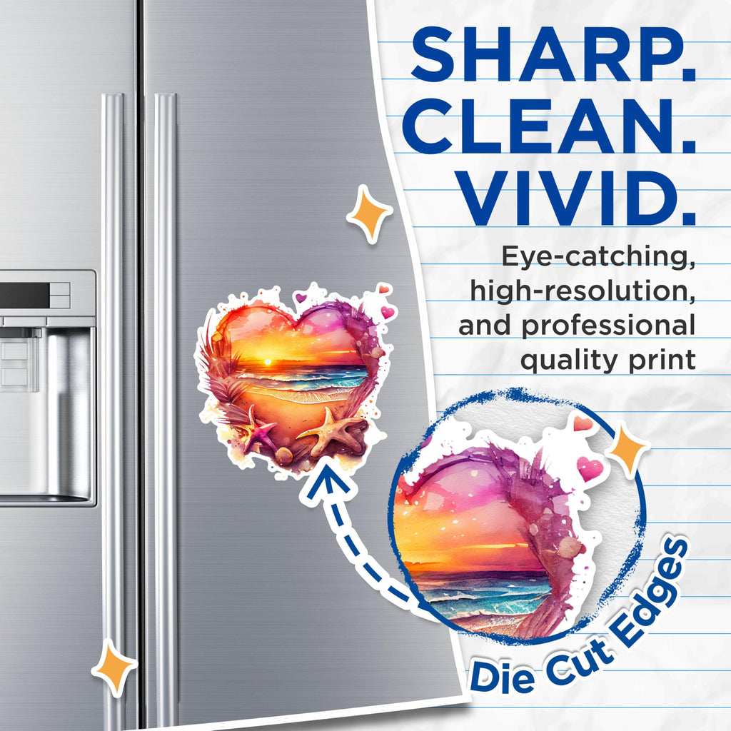 (2 Pack) Heart Shaped Beach Sunset Magnets - Coastal Ocean View Magnets - Sea Star and Seashell Magnets- 5" On Longest Side - for Fridges, Toolboxes, Cars - Made in USA - MAG2855