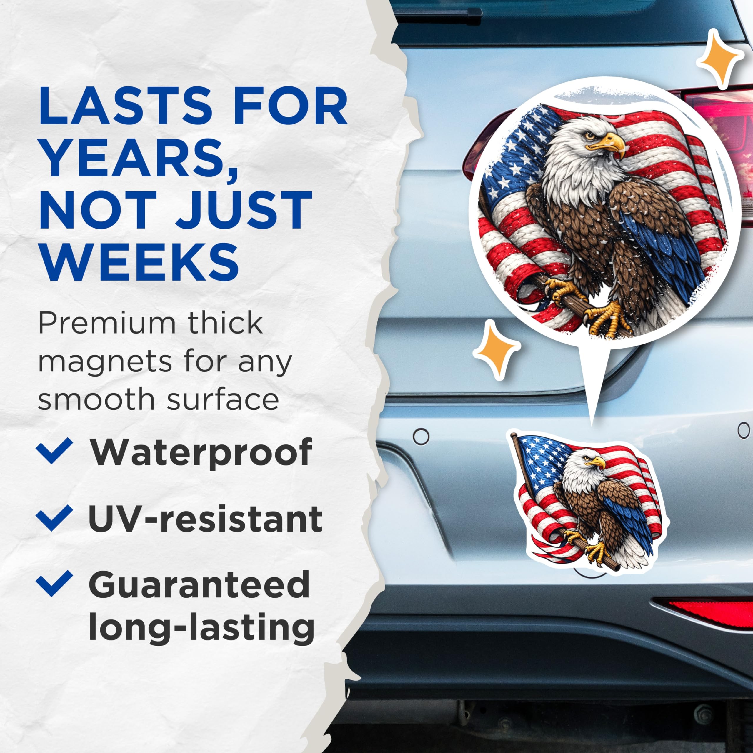 (2 Pack) Bald Eagle American Flag Magnets - USA Patriotic Symbol Decor - Freedom Pride Statement - Military Support Item - 5 Inches On Longest Side - Thick Durable Magnet - Made in USA - MAG21897