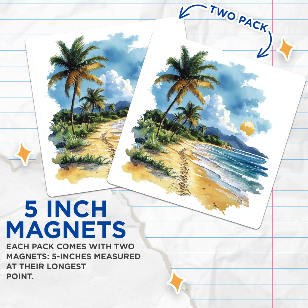 (2 Pack) Tropical Beach Magnets - Watercolor Seascape Art - Palm Trees Island Paradise Decor - 5 Inches On Longest Side - Thick Durable Magnet - Made in USA - MAG24215