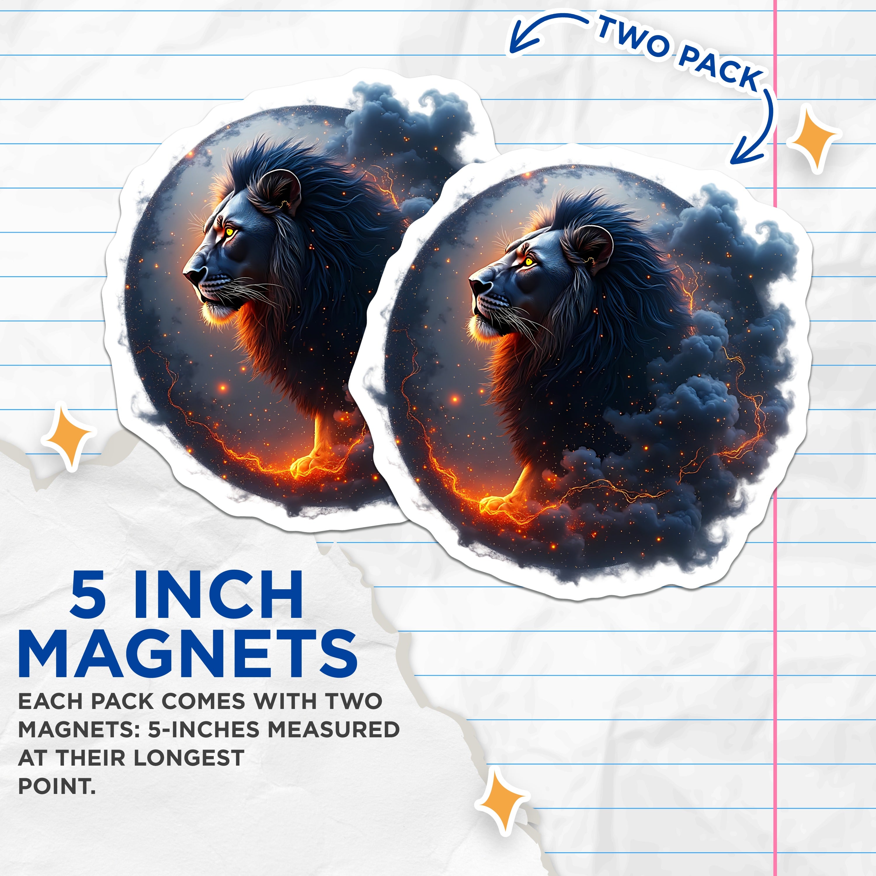 (2 Pack) Cosmic Lion Magnets - Dark Fantasy Decor - Zodiac Leo Statement Piece - 5 Inches On Longest Side - Thick Durable Magnet - Made in USA - MAG37913