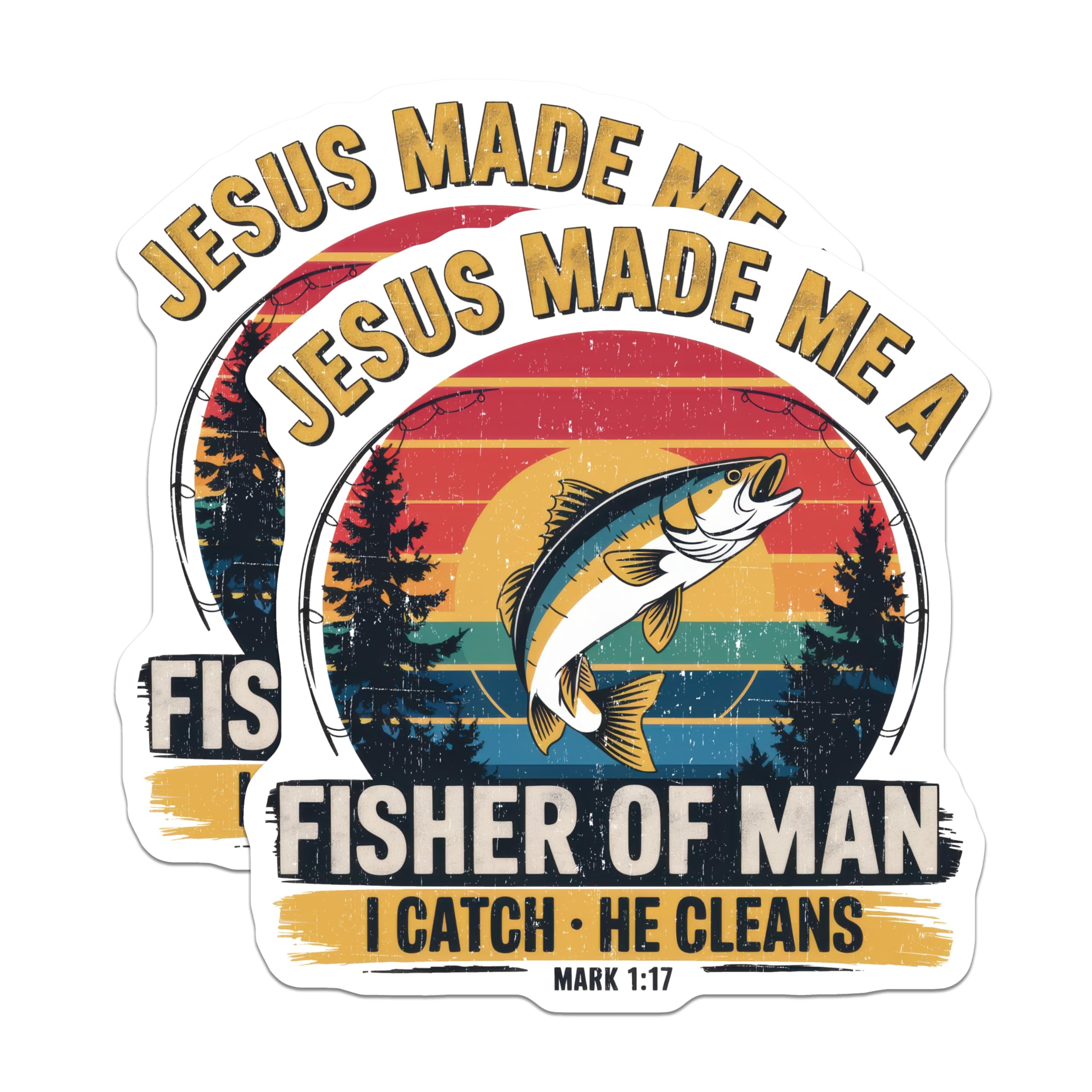 (2 Pack) Jesus Made Me A Fisher of Men Stickers - Christian Faith Stickers - Fishing Enthusiast Stickers - 5" On Longest Side - Sticks to Smooth Flat Surfaces - Made in USA - BMCS4762