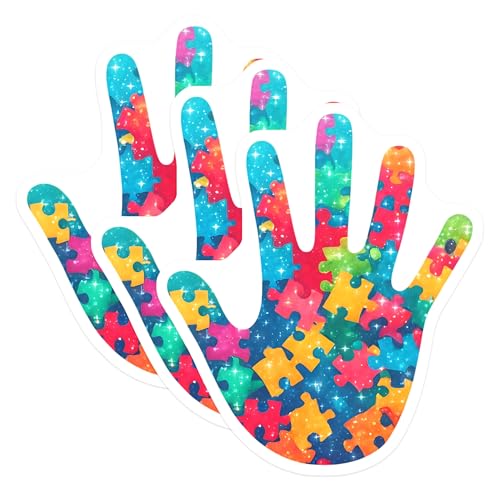 (3 Pack) Autism Awareness Decals - Puzzle Hand Decals - Laptop Decal - Colorful Puzzle Piece - 3 Inches On Longest Side - Easy Peel & Apply - Made in USA - 3MCS6655