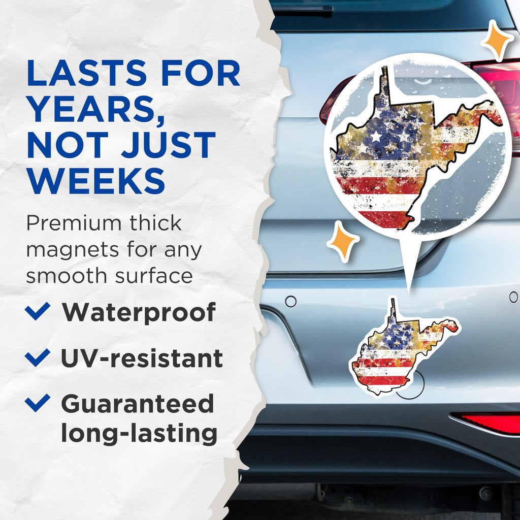 (2 Pack) West Virginia Magnets - American Flag Art - US State Fridge Decor - 5" On Longest Side - Premium Magnet - for Cars, Refrigerators, Toolboxes, Lockers - Made in USA - MAG17477