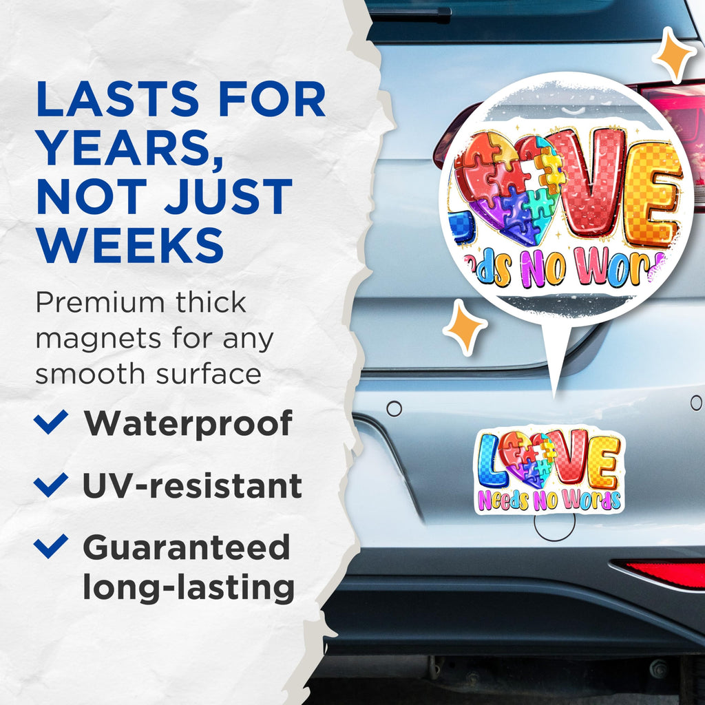 (2 Pack) Autism Awareness Magnets - Love Needs No Words - Neurodiversity Support - 5 Inches On Longest Side - Thick Durable Magnet - Made in USA - MAG30333