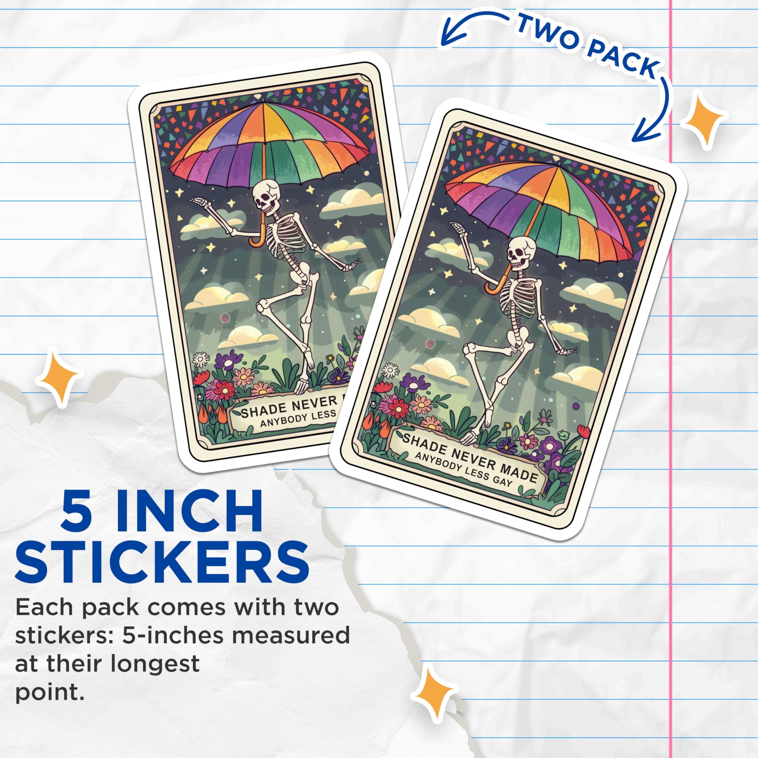 (2 Pack) Shade Never Made Anybody Less Gay Stickers - LGBTQ Pride Stickers - Skeleton Holding Rainbow Umbrella Sticker - 5" On Longest Side - Sticks to Smooth Flat Surfaces - Made in USA - BMCS4399