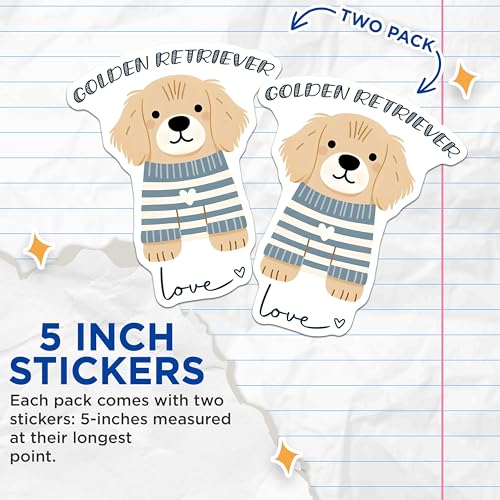 (2 Pack) Golden Retriever Stickers - Cute Dog Stickers - Puppy Love Stickers - Dog Lover Decals - 5" On Longest Side - Sticks to Smooth Flat Surfaces - Made in USA - BMCS7302