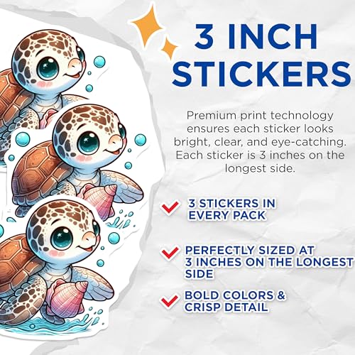 (3 Pack) Turtle Laptop Decals - Cute Animal Decal - Sea Turtle Decals - 3 Inches On Longest Side - Easy Peel & Apply - Made in USA - 3MCS0103