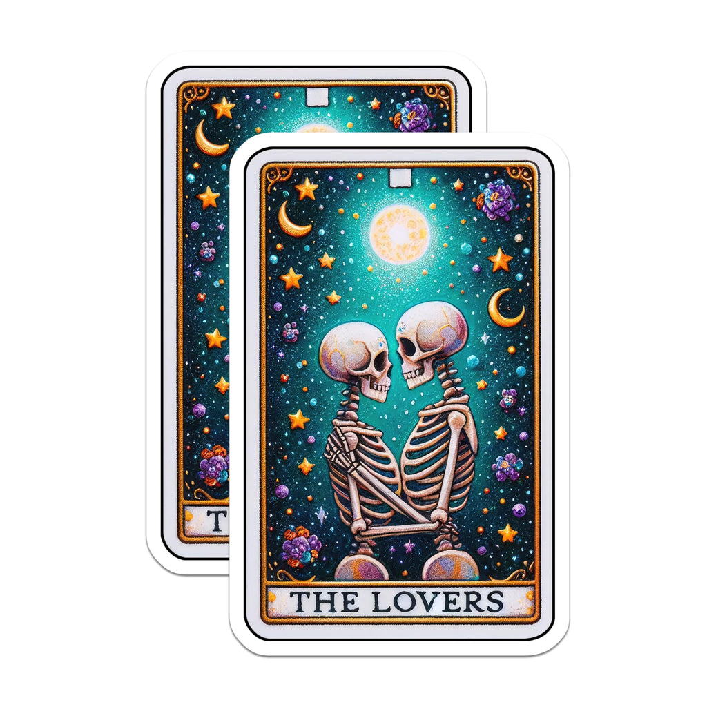 (2 Pack) Gothic Skeleton Lovers Stickers - Tarot Card Stickers - Unique Skull Art Stickers - 5" On Longest Side - Sticks to Smooth Flat Surfaces - Made in USA - BMCS5449