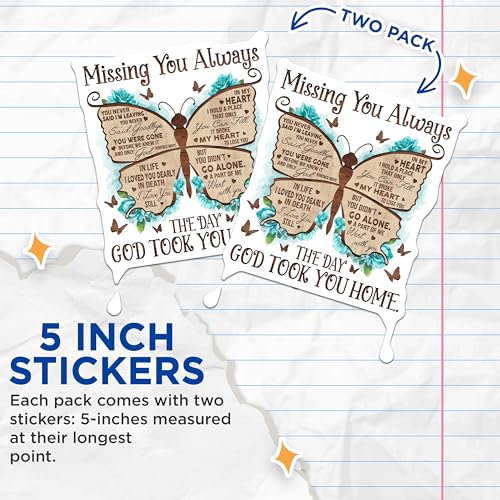 (2 Pack) Missing You Always Butterfly Stickers - Inspirational Memorial Stickers - Loving Tribute Stickers - 5" On Longest Side - Sticks to Smooth Flat Surfaces - Made in USA - BMCS6132