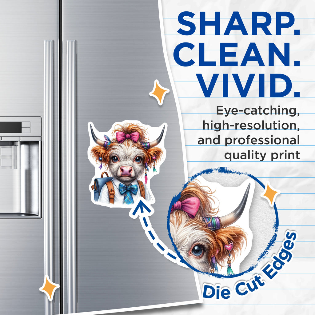 (2 Pack) Cute Highland Cow Magnets - Kawaii Calf Locker Decor - Farm Animal Kitchen Magnet for Refrigerator Home - Teacher Student Back to - 5" - Thick Durable Magnet - Made in USA - MAG39389