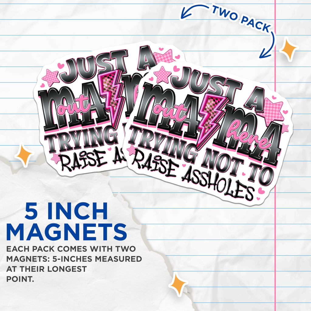 (2 Pack) Sarcastic Mama Magnets - Funny Mom Life Humor - Edgy Parenting Quote - Refrigerator Decor - 5 Inches On Longest Side - Thick Durable Magnet - Made in USA - MAG27598
