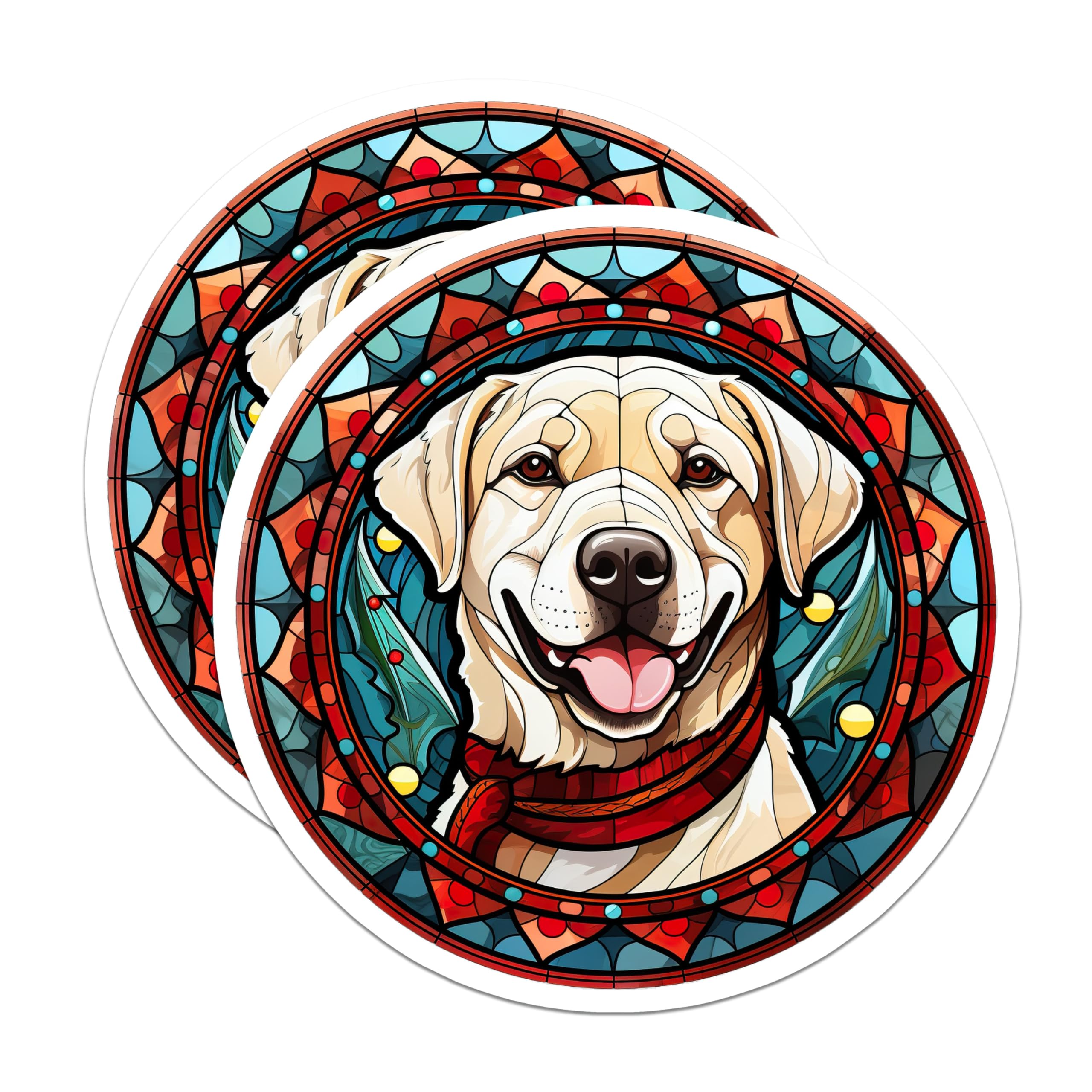 (2 Pack) Christmas Labrador Magnets - Golden Retriever Stained Glass Dog - Festive Winter Pet Decor - 5 Inches On Longest Side - Thick Durable Magnet - Made in USA - MAG27206