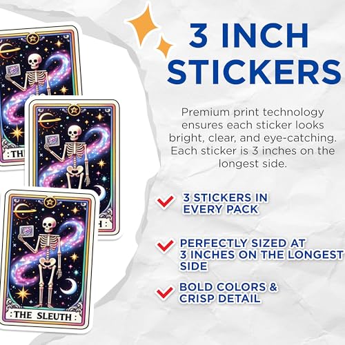 (3 Pack) Sleuth Skeleton Decals - Tarot Card Stickers - Celestial Detective Decals - 3 Inches On Longest Side - Easy Peel & Apply - Made in USA - 3MCS4266