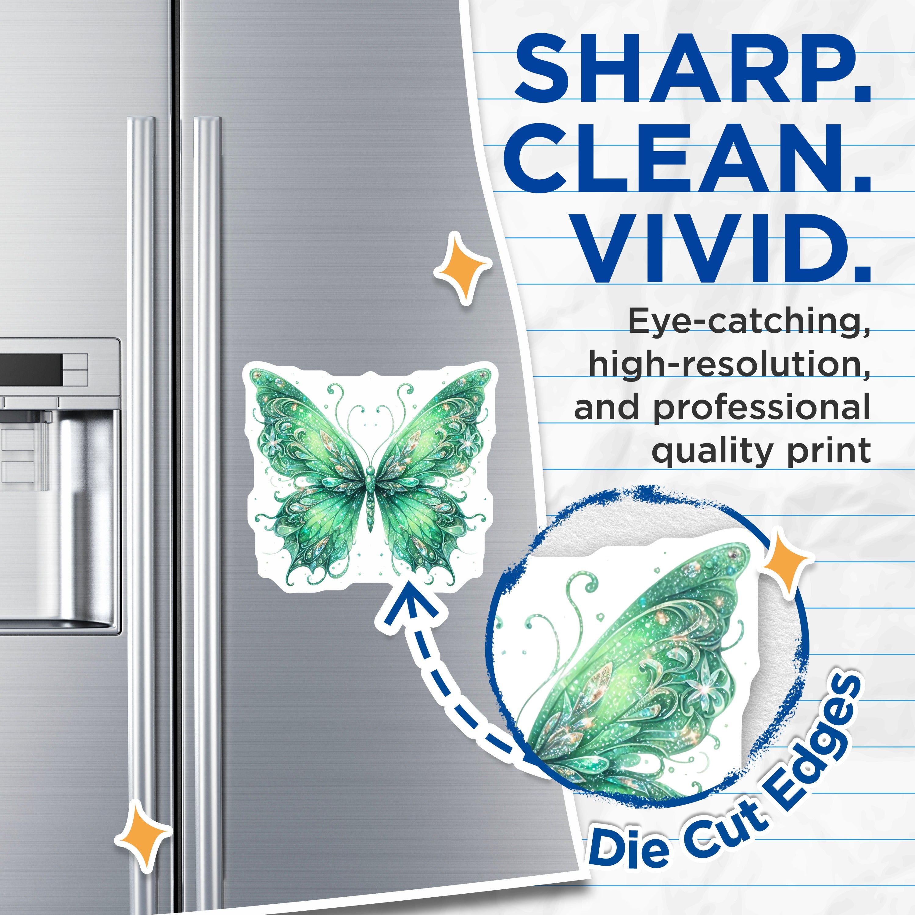 (2 Pack) Green Butterfly Magnets - Sparkly Fairycore Decor - Refrigerator Locker Office Accent - 5 Inches On Longest Side - Thick Durable Magnet - Made in USA - MAG39640