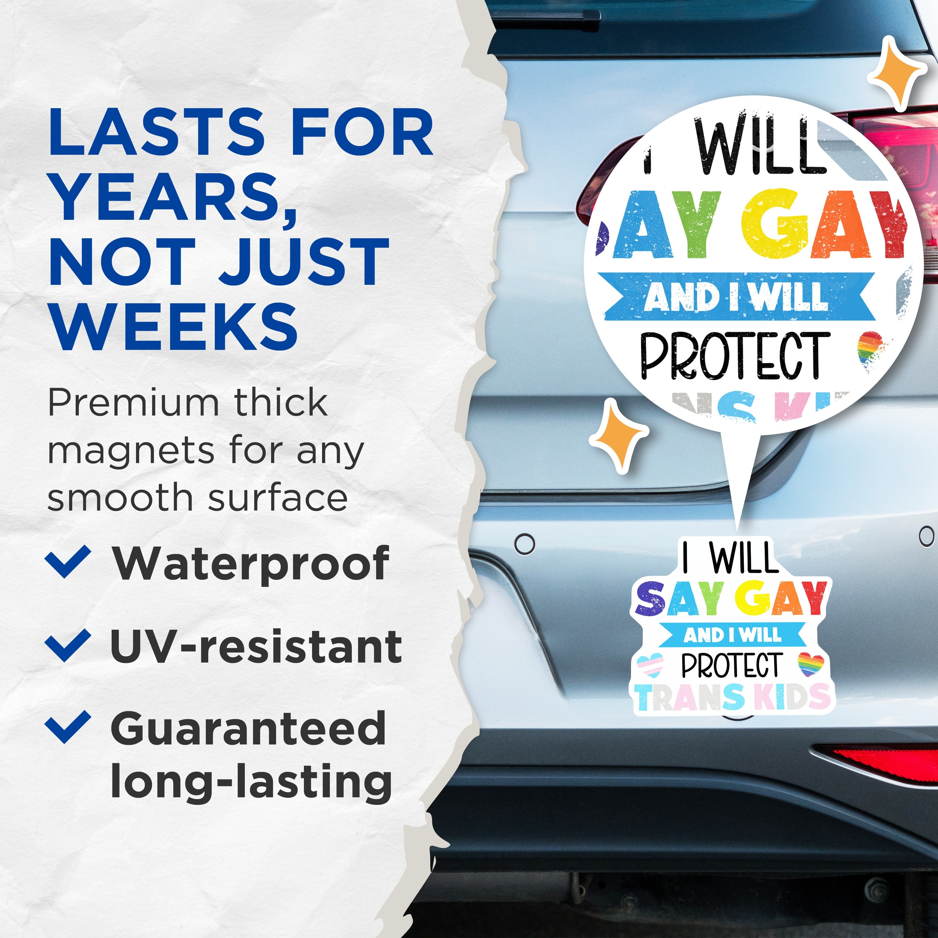 (2 Pack) Say Gay Protect Trans Kids Magnets - LGBTQ+ Ally Support - Trans Rights Affirmation - Queer Pride Statement - 5 Inches On Longest Side - Thick Durable Magnet - Made in USA - MAG37171