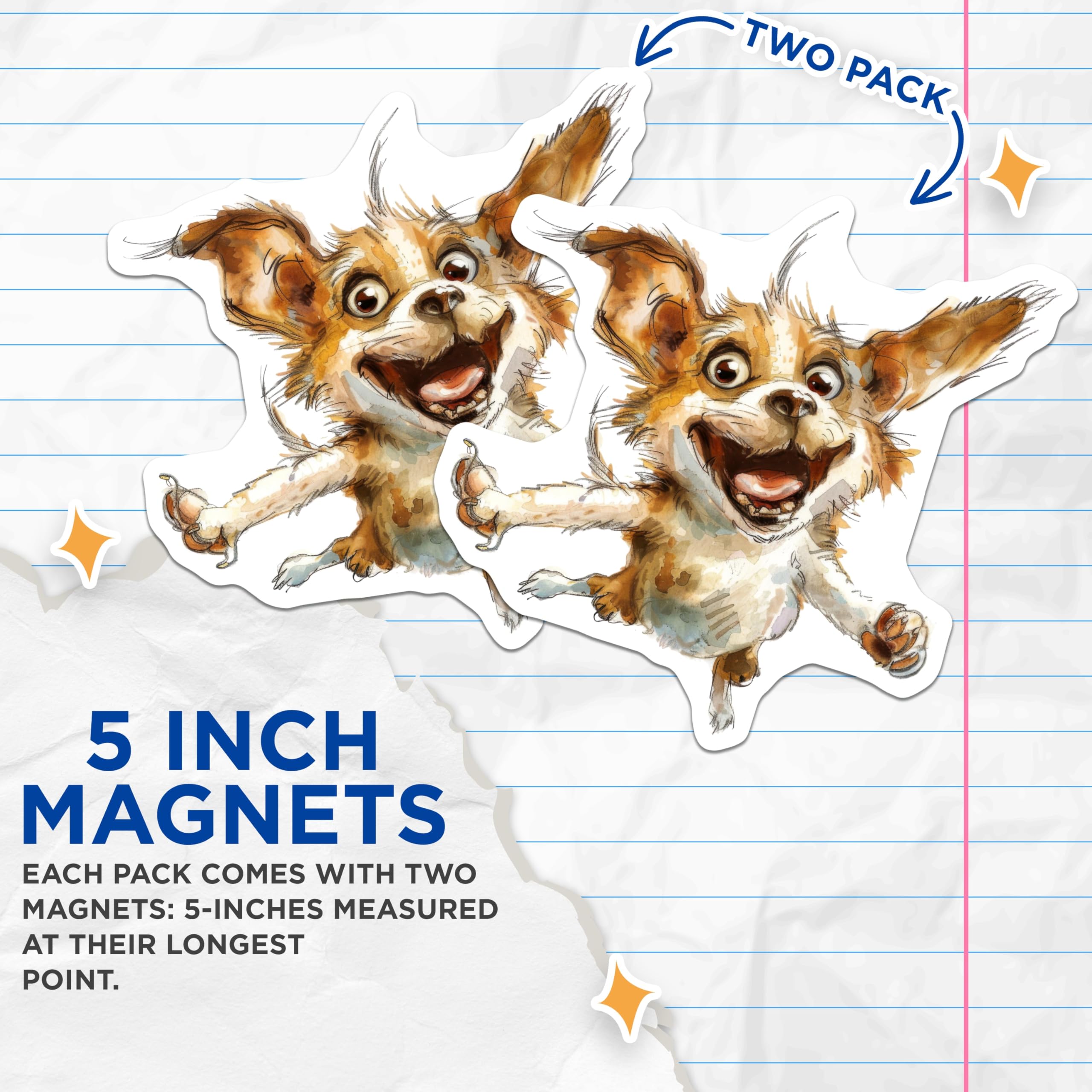 (2 Pack) Happy Dog Magnets - Whimsical Watercolor Puppy Decor - Pet Lover Animal Art - 5 Inches On Longest Side - Thick Durable Magnet - Made in USA - MAG30010