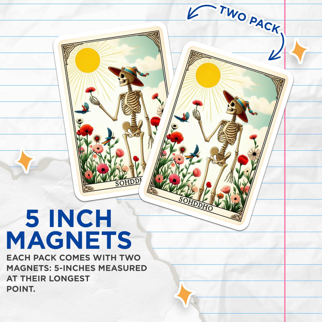 (2 Pack) Dia de Los Muertos Magnets - Skeleton Sun Tarot Card Art - Vibrant Floral Mexican Folk Refrigerator Decor - 5 Inches On Longest Side - Thick Durable Magnet - Made in USA - MAG22956