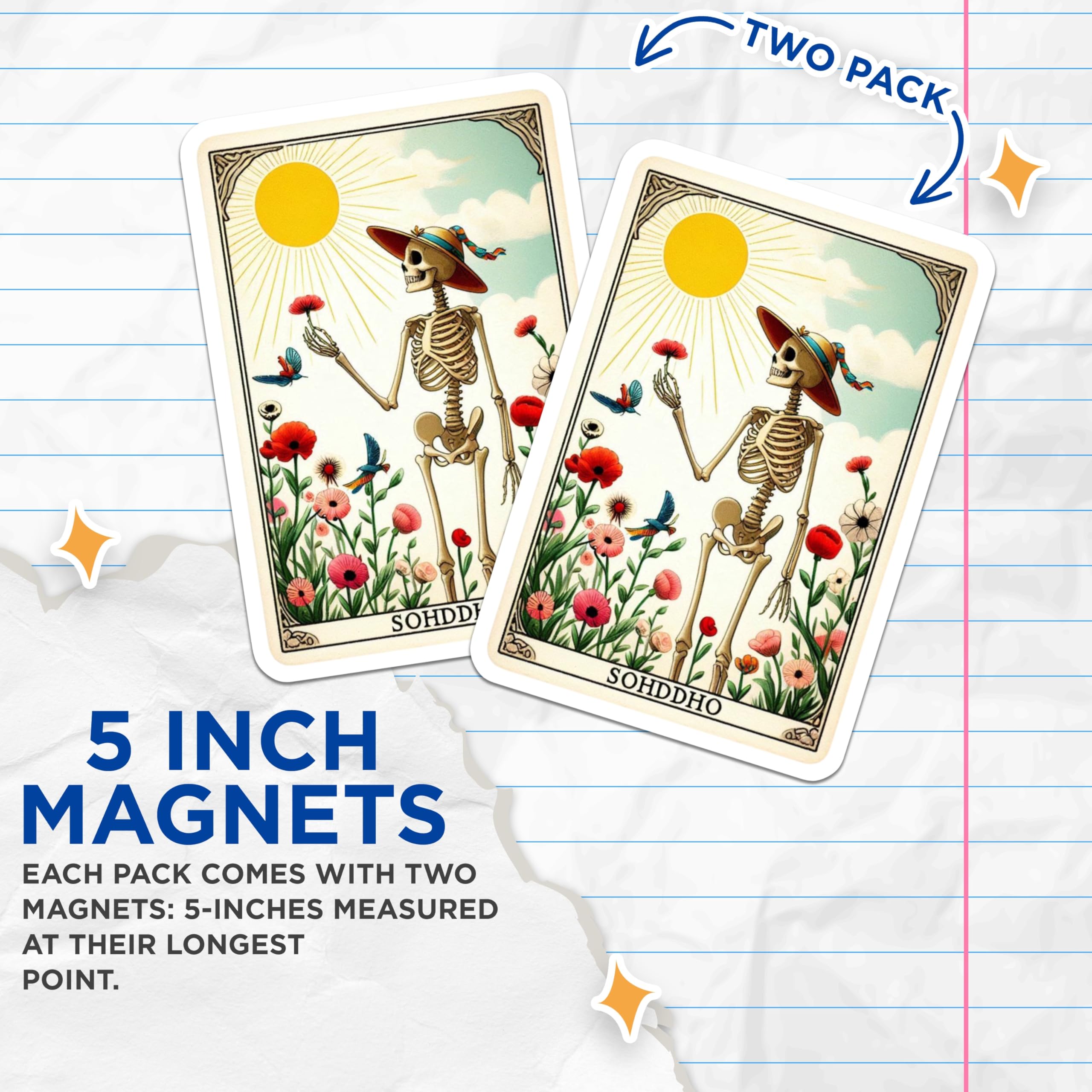 (2 Pack) Dia de Los Muertos Magnets - Skeleton Sun Tarot Card Art - Vibrant Floral Mexican Folk Refrigerator Decor - 5 Inches On Longest Side - Thick Durable Magnet - Made in USA - MAG22956