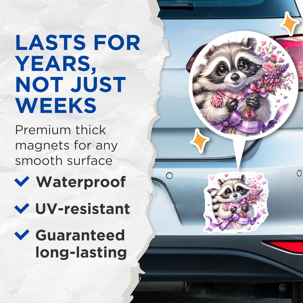 (2 Pack) Charming Raccoon Magnets with Flowers - Sweet Valentine Theme Animal Art - Adorable Love Hearts Whimsical Decor - 5 Inches On Longest Side - Thick Durable Magnet - Made in USA - MAG22711