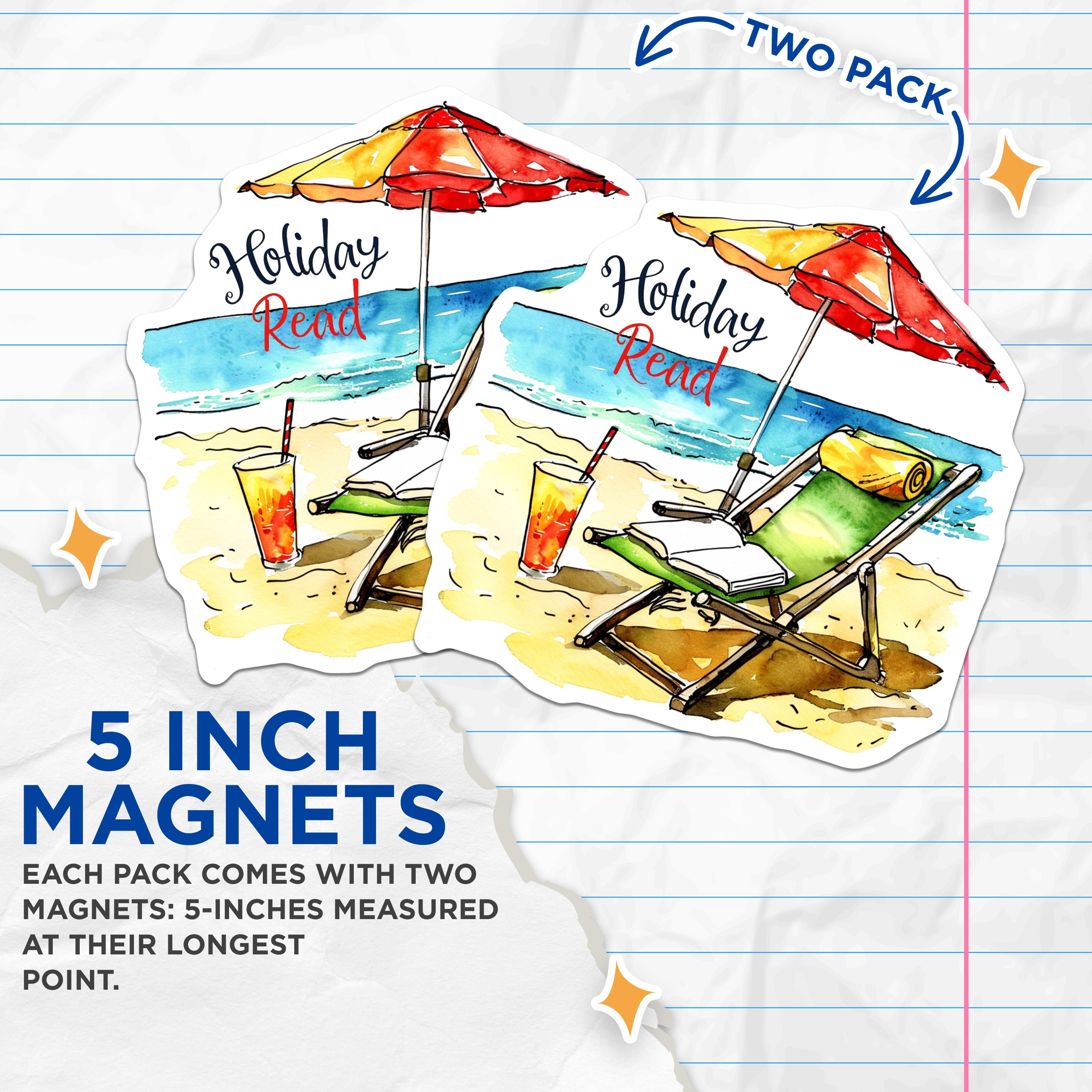 (2 Pack) Holiday Read Magnets - Beach Vacation Scene - Book Lover Fridge Decor - Summer Relaxation Accessory - 5 Inches On Longest Side - Thick Durable Magnet - Made in USA - MAG39515