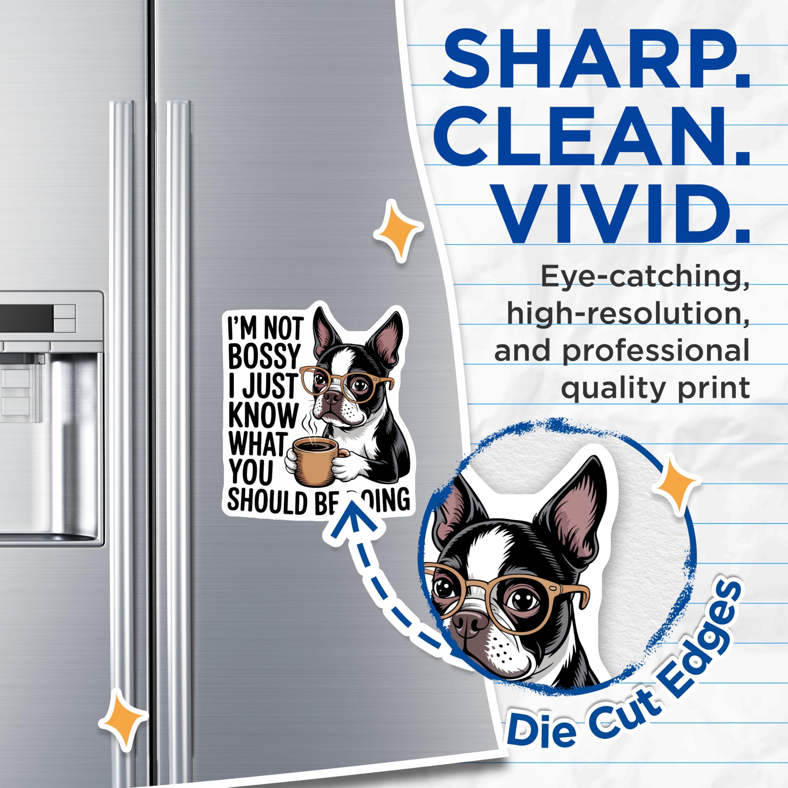 (2 Pack) Boston Terrier Magnets - Funny Bossy Dog Quote - Coffee Lover Pet Decor - 5 Inches On Longest Side - Thick Durable Magnet - Made in USA - MAG21479