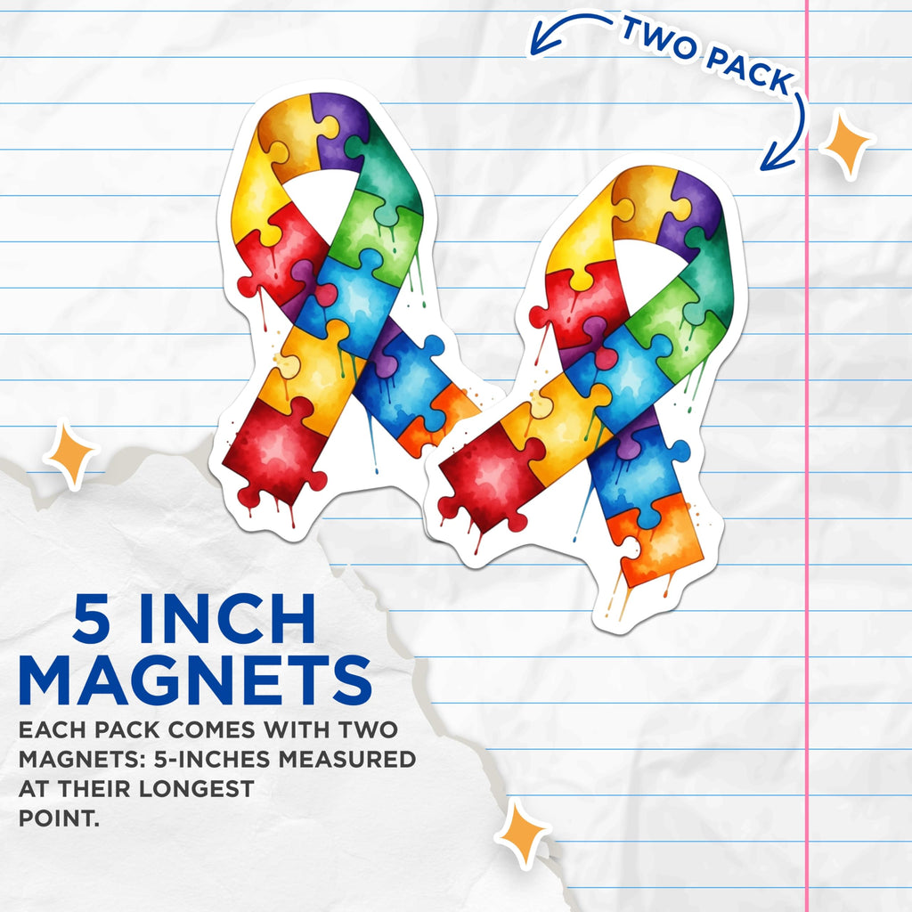 (2 Pack) Autism Awareness Magnets - Puzzle Piece Ribbon Support - Neurodiversity Acceptance Decor - 5 Inches On Longest Side - Thick Durable Magnet - Made in USA - MAG20266