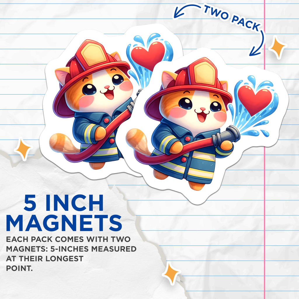 (2 Pack) Firefighter Cat Magnets - Adorable Kitten Fridge Decor - Brave Feline Hero Art - Sweet Heart Water Rescue Design - 5 Inches On Longest Side - Thick Durable Magnet - Made in USA - MAG20374
