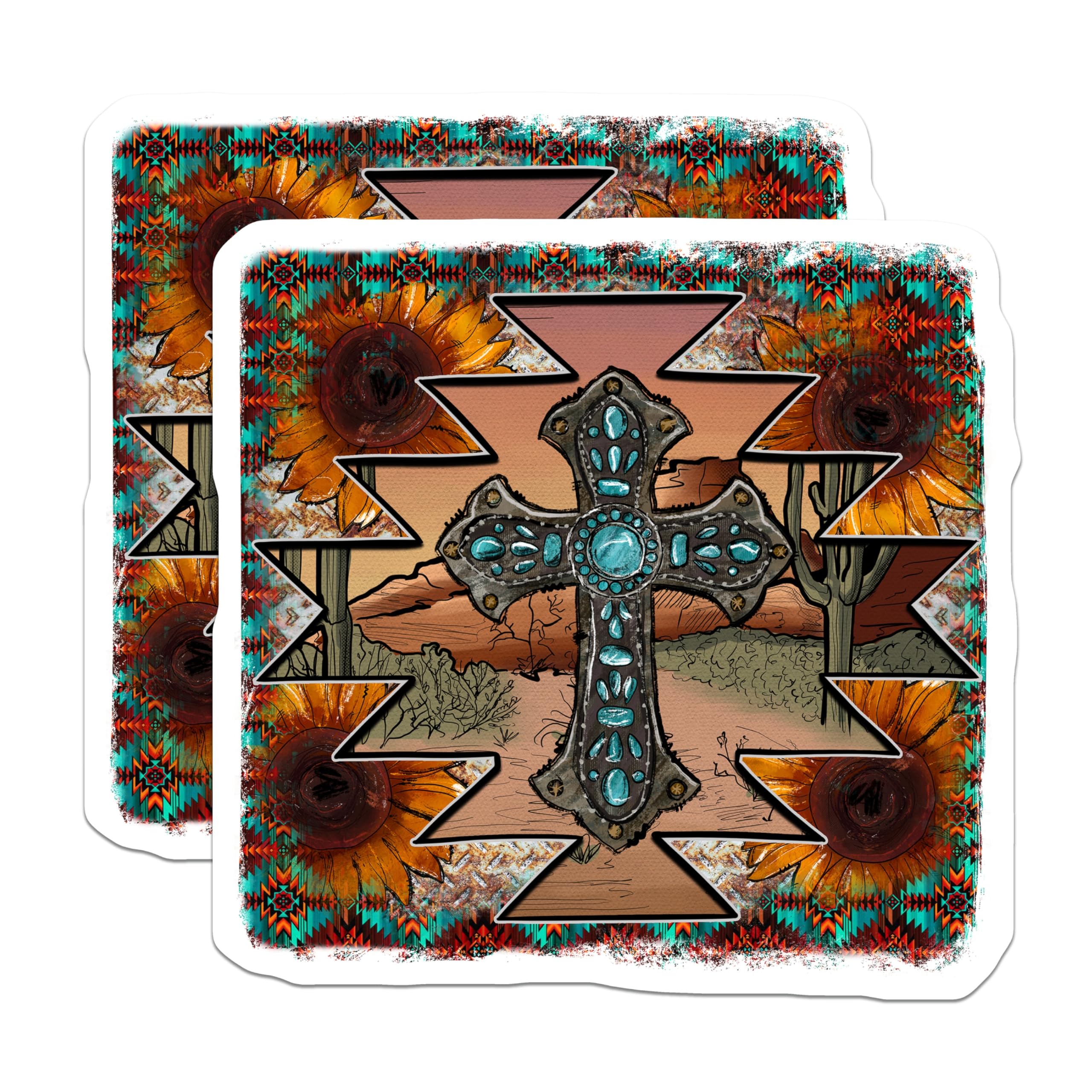 (2 Pack) Southwestern Cross Magnets - Turquoise Desert Art - Boho Western Home Decor - 5 Inches On Longest Side - Thick Durable Magnet - Made in USA - MAG25400