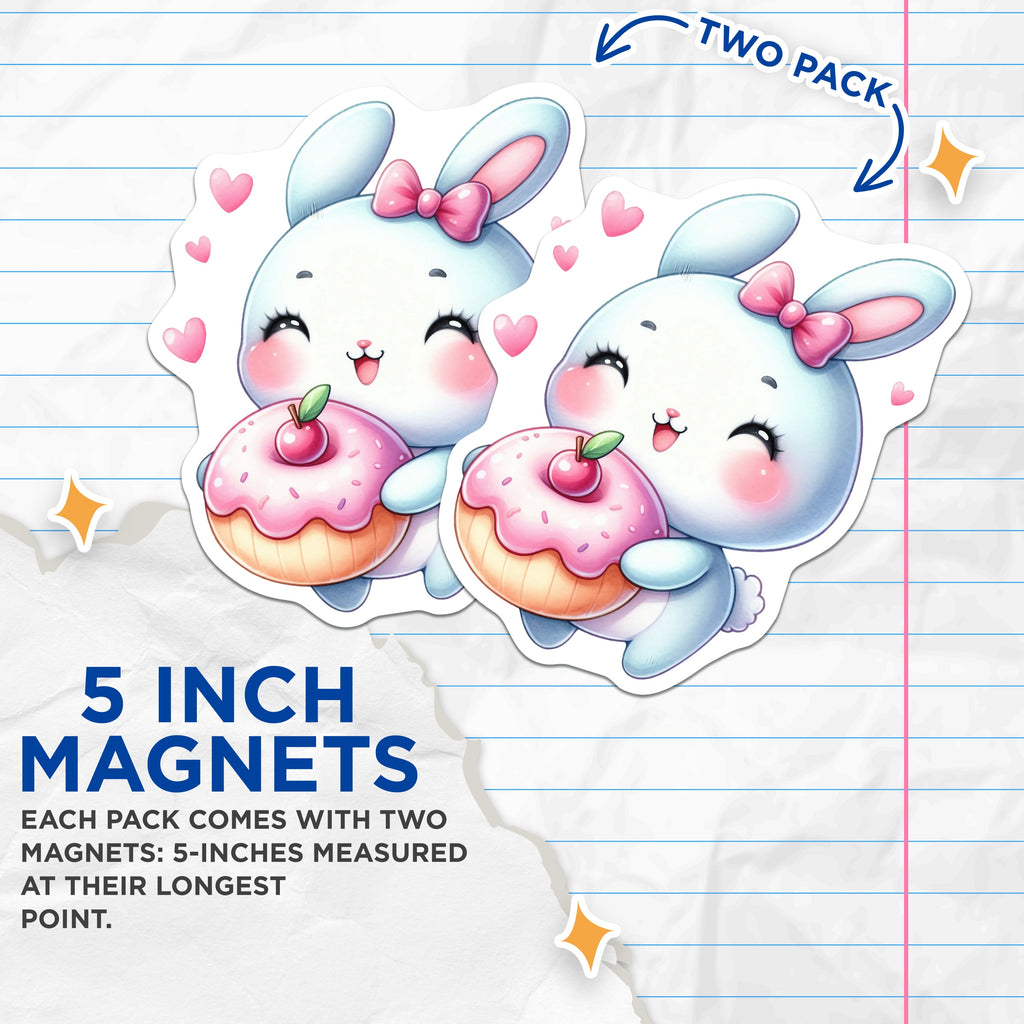 (2 Pack) Cute Bunny Donut Magnets - Kawaii Rabbit Fridge Decor - Sweet Treat Locker Magnets - Pastel Animal Decor - 5 Inches On Longest Side - Thick Durable Magnet - Made in USA - MAG37392