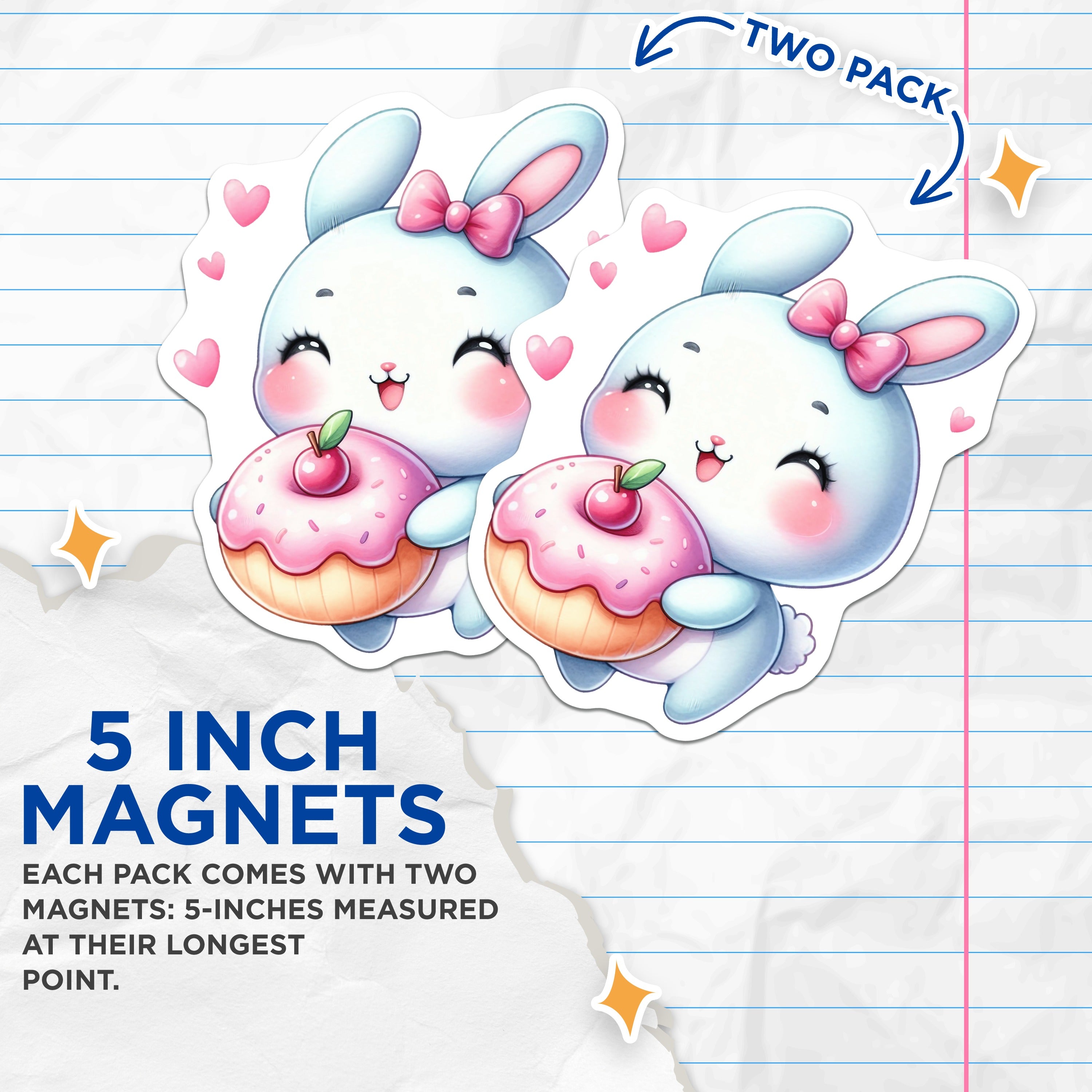(2 Pack) Cute Bunny Donut Magnets - Kawaii Rabbit Fridge Decor - Sweet Treat Locker Magnets - Pastel Animal Decor - 5 Inches On Longest Side - Thick Durable Magnet - Made in USA - MAG37392