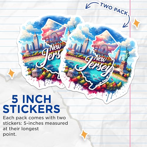 (2 Pack) New Jersey Stickers - State Stickers - Travel Souvenir Stickers - 5" On Longest Side - Sticks to Smooth Flat Surfaces - Made in USA - BMCS6984