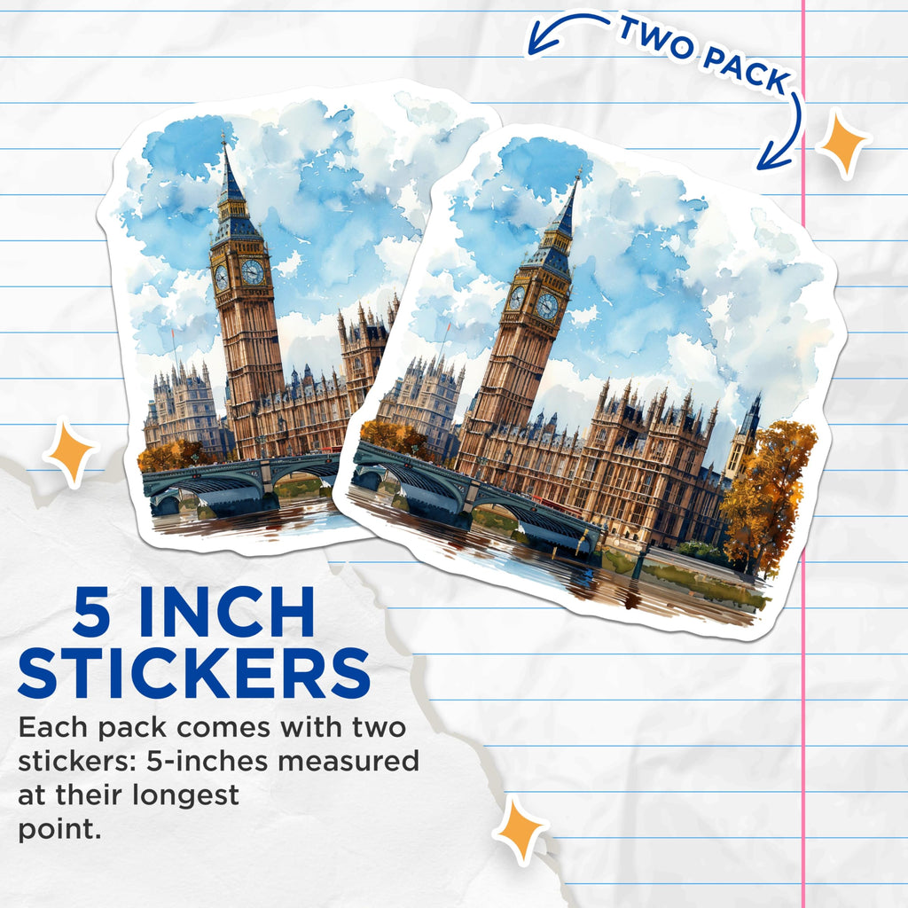 (2 Pack) London Big Ben Landmark Stickers - Watercolor Cityscape Stickers - UK Travel Souvenir Stickers - 5" On Longest Side - Sticks to Smooth Flat Surfaces - Made in USA - BMCS5183