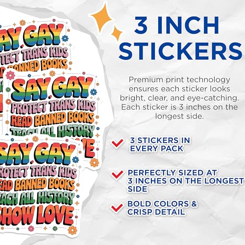 (3 Pack) Say Gay Decals - Protect Trans Kids - Read Banned Books Decal - 3 Inches On Longest Side - Easy Peel & Apply - Made in USA - 3MCS2675