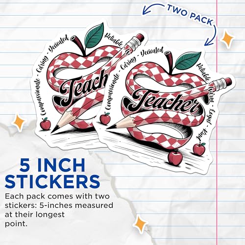 (2 Pack) Teacher Inspirational Stickers - Apple Pencil Motivational Quote - School Appreciation Decal - 5" On Longest Side - Sticks to Smooth Flat Surfaces - Made in USA - BMCS7657