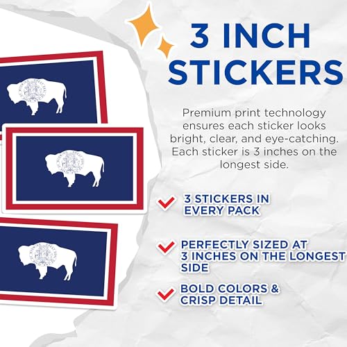 (3 Pack) Wyoming State Flag Decals - Buffalo Emblem - Laptop Decal - 3 Inches On Longest Side - Easy Peel & Apply - Made in USA - 3MCS0223