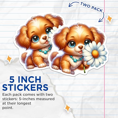 (2 Pack) Cute Puppy Stickers - Dog Lover Decals - Adorable Pet Art - 5" On Longest Side - Sticks to Smooth Flat Surfaces - Made in USA - BMCS9571