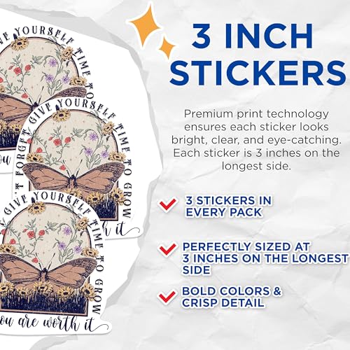 (3 Pack) Inspirational Decals - Butterfly and Flowers - Motivational Stickers - 3 Inches On Longest Side - Easy Peel & Apply - Made in USA - 3MCS1042