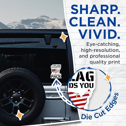 (2 Pack) Flag Offends You Stickers - American Flag - Patriotic Quote - 5" On Longest Side - Sticks to Smooth Flat Surfaces - Made in USA - BMCS5739