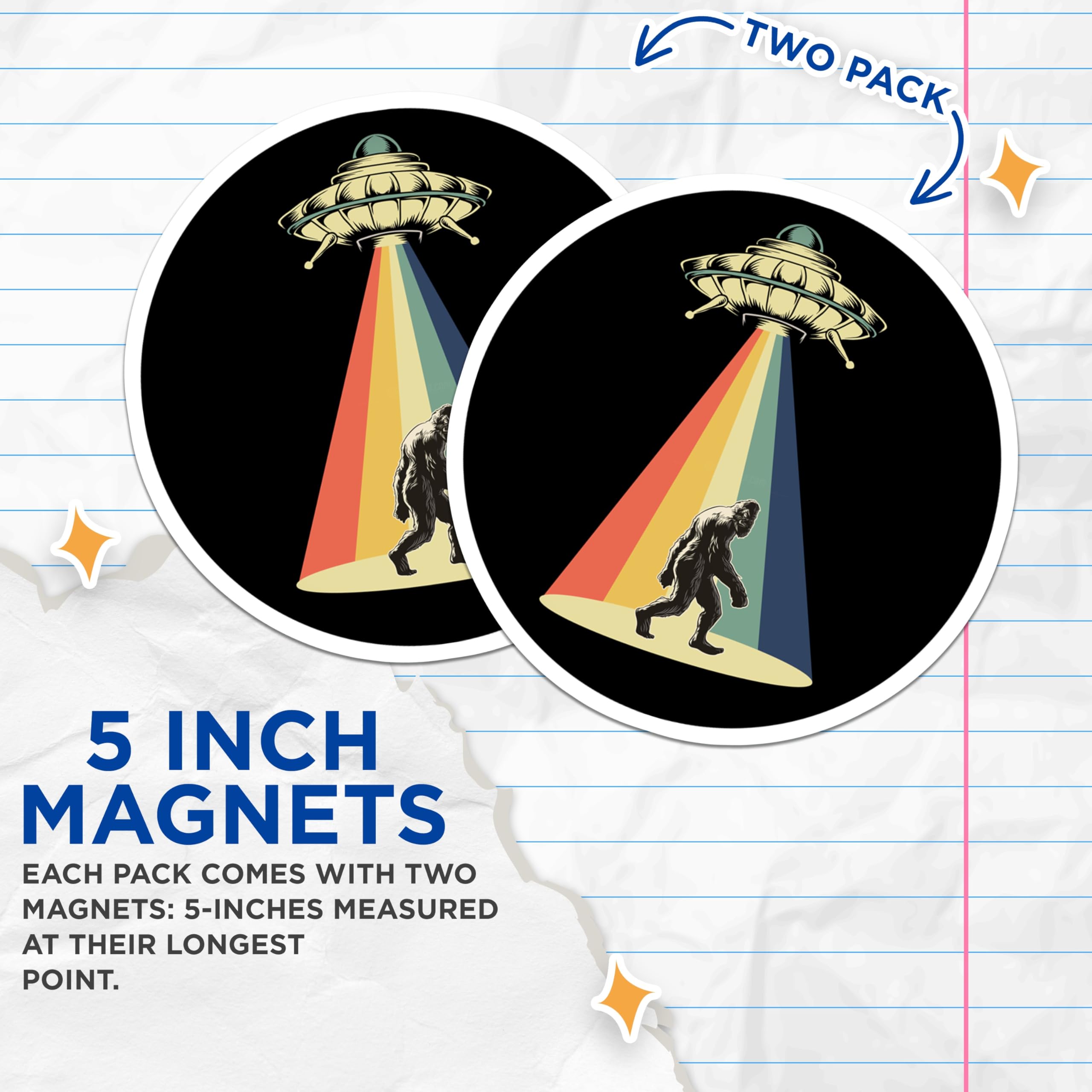 (2 Pack) UFO Bigfoot Magnets - Retro Alien Abduction - Paranormal Cryptid Decor - 5 Inches On Longest Side - Thick Durable Magnet - Made in USA - MAG25981